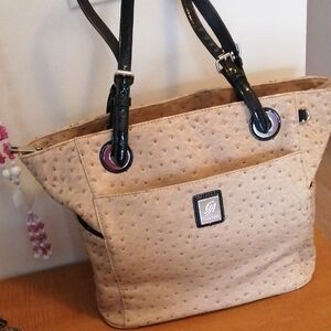 Grace Adele faux Ostrich Bag with black adjustable handles, 8 deep pockets